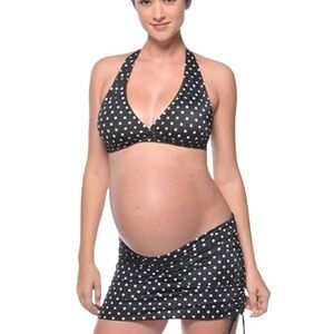 Prego NWT Black Polka Dot Ruched Bikini Set Maternity Swimsuit Women’s Medium
